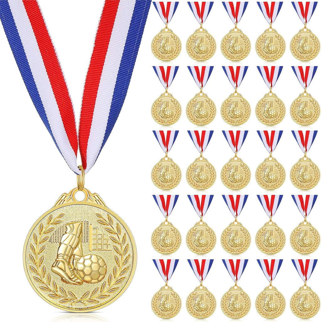 Yinkin 24-Piece Soccer Gold Award Medals Set - Metal Trophies with Red, White & Blue Ribbons for Team Competitions
