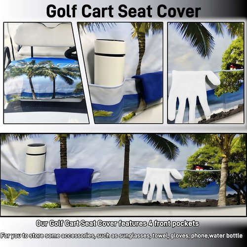 WUKO HUNT Golf Cart Seat Covers - Quick-Dry Cooling Seat Blanket with 4 Front Pockets, Elastic Armrest Openings, Fits EZGO Yamaha Club Car EPIC, 2-Person Microfiber Suede, Sweat Absorption, All-Season