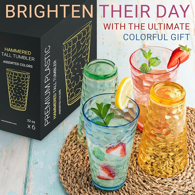 Hammered Multicolor 22 oz Plastic Tumblers Set of 12 - Stackable, Dishwasher Safe