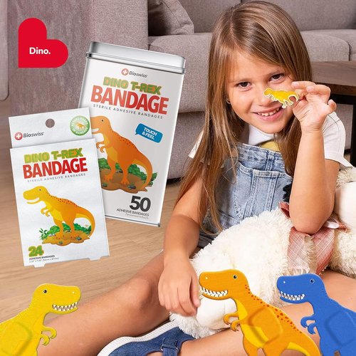 BioSwiss Dinosaur Shaped Bandages - Latex Free & Sterile Wound Care | 50 Count Set
