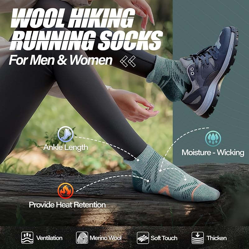 Merino Wool Ankle Hiking Socks for Men & Women - 5 Pairs, Medium (Beige/Purple/Light Pink/Green/Grey/Blue)