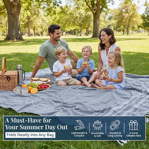 LANE LINEN Beach Blanket - Extra-Large Sand-Free Picnic Mat, Quick-Dry Design (82"x82") - Ideal for Family Picnics & Poolside Relaxation, Machine Washable - Smoky Black