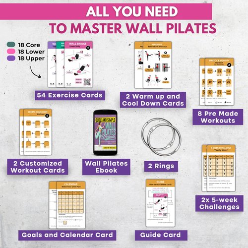 Wall Pilates Workouts for Women – 66 Exercise Cards with Videos & Workout Plan – Includes 5-Week Challenge, E-book, Chart & 2 Rings for Easy Organization – Home Pilates Workout Guide