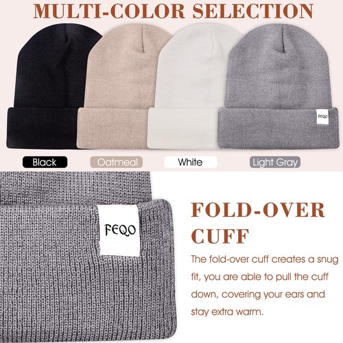 FEQO 4 Pack Satin Lined Winter Beanie Hats Soft Silk Lined Beanies Knit Warm Cuffed Hats for Women Men(Black, White, Light Gray, Oatmeal)