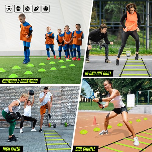 Yes4All Agility Ladder – Adjustable Speed & Agility Training Equipment for All Ages, Durable Speed Ladder, Multiple Combo Sets Available, Lime, 12 Agility Cones, 4 Steel Stakes
