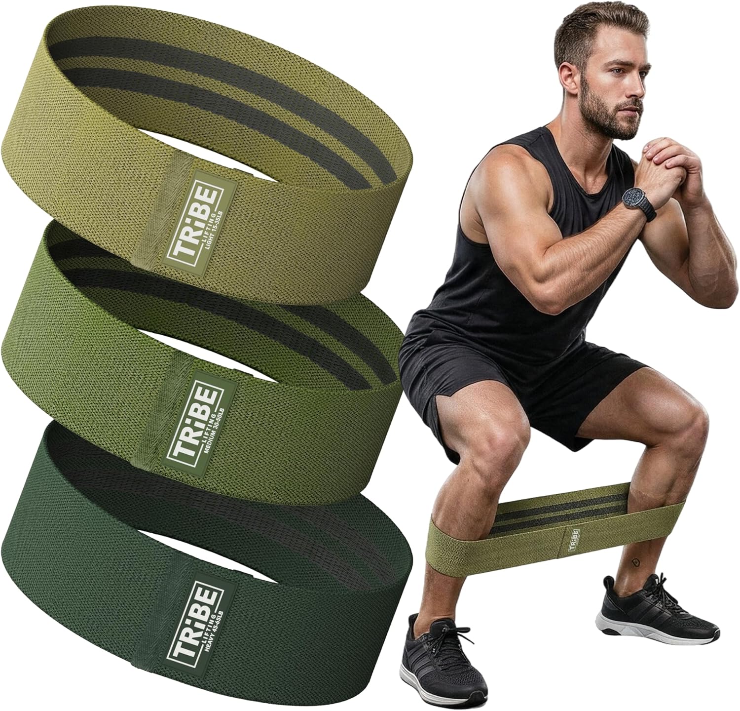 Tribe Lifting Resistance Bands - Non-Slip Fabric Workout Bands Set for Legs & Glutes - 3 Pack