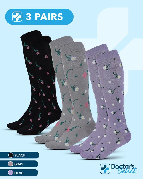 Doctor's Select Light Compression Socks for Women & Men - 3 Pairs, Knee High Comfort and Support, 8-15 mmHg Compression Socks Women, Flowers (Lilac, Black, Gray)