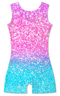 Funnycokid Gymnastics Leotards for Girls Dance Outfits Unitard Sparkly Clothes with Shorts, Diamond Shining Pink Blue, 5-6 Years