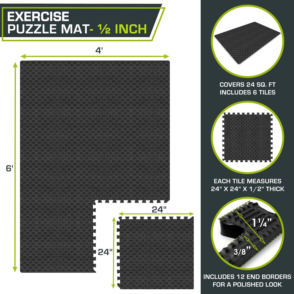 ProsourceFit Exercise Puzzle Mat - ½-Inch Checkered EVA Foam Tiles | Non-Slip, Shock Absorbing, Waterproof Gym Flooring, Black