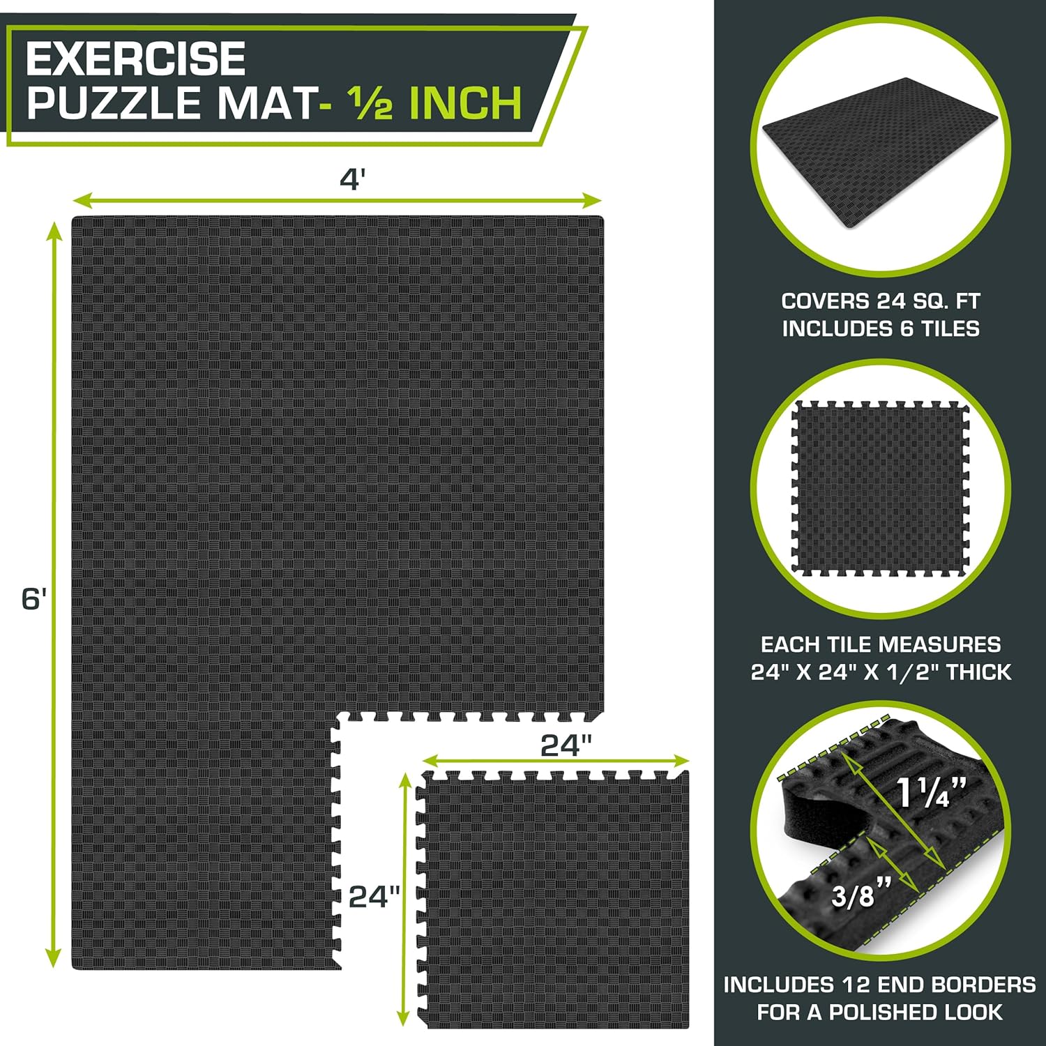 ProsourceFit Exercise Puzzle Mat - ½-Inch Checkered EVA Foam Tiles | Non-Slip, Shock Absorbing, Waterproof Gym Flooring, Black