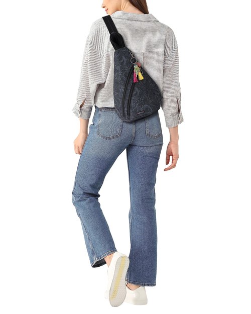 Sakroots On The Go Sling Bag for Women in Eco-Twill, Large Convertible Crossbody Backpack With Main Zipper Closer, Made From Recycled Materials - Black Tonal Spirit Desert