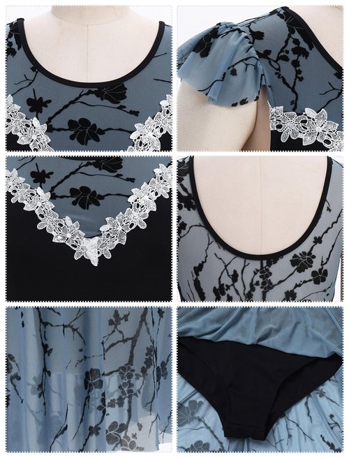 ODASDO Ballet Dress Women Dance Leotard Butterfly Flocked Ruffle Cap Sleeve Mesh Tulle Skirted Leotards Lyrical Dancewear Teen Girls Aerobics Training Outfit Ballerina Stage Performance Dusty Blue XS