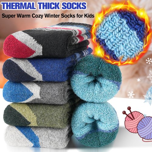 EBMORE Kids Merino Wool Hiking Socks Boys Toddlers Girls Winter Thermal Thick Warm Boot Cushion Ski Snow Gift Socks Stocking Stuffers 6 Pair(Black/Gray/Blue/Deep Green,4-7 Years)