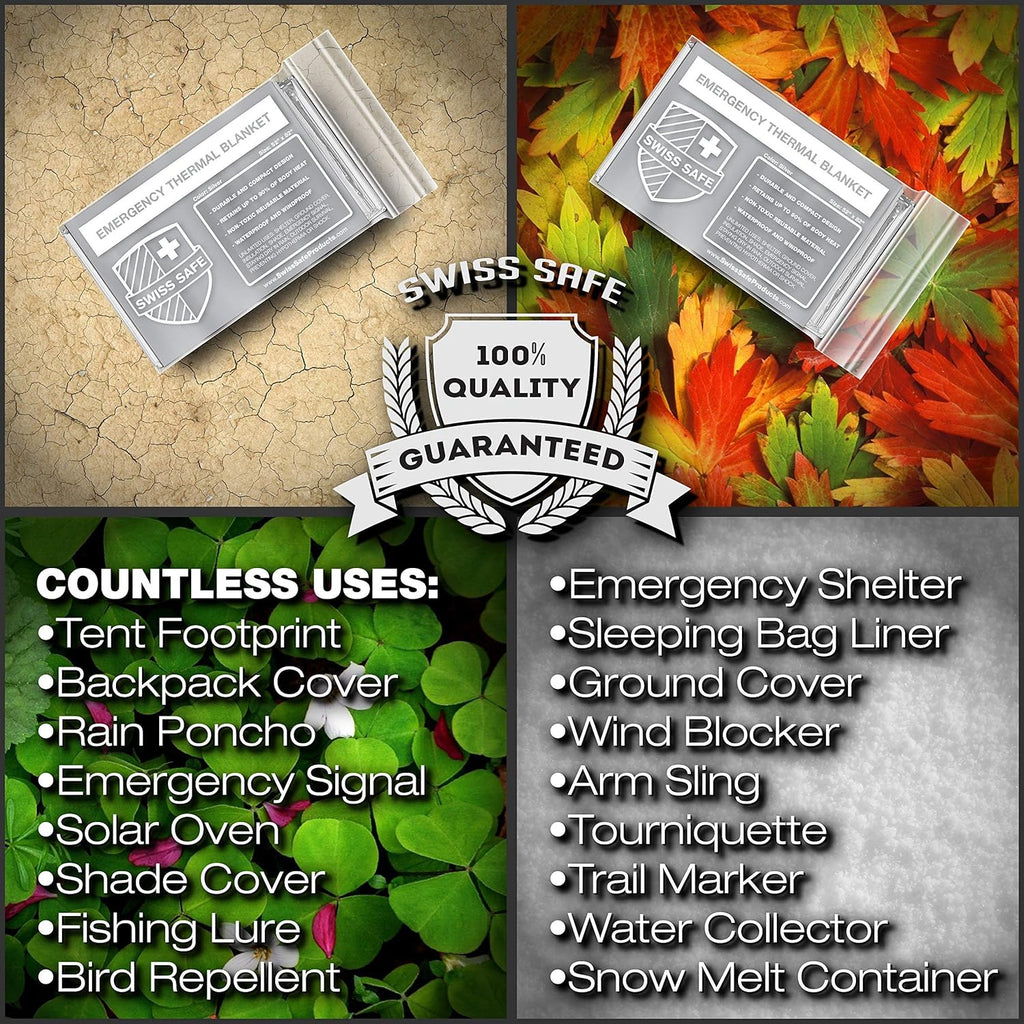 Swiss Safe Mylar Emergency Blankets - Compact & Insulated for Cold Weather | 4 Pack, Silver