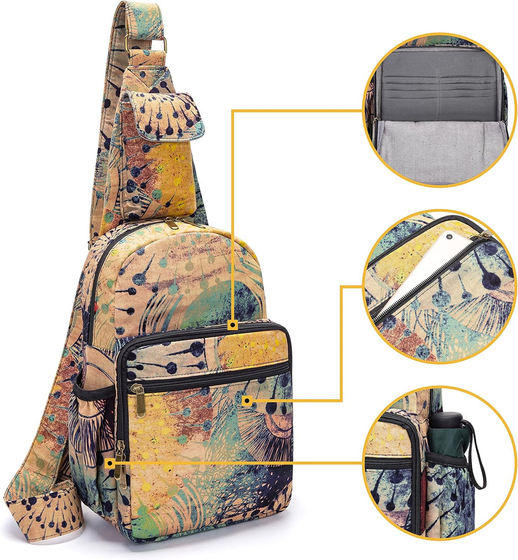 Skiennix Women’s Sling Bag - Large Bohemian Canvas Crossbody Bag in Purple & Yellow