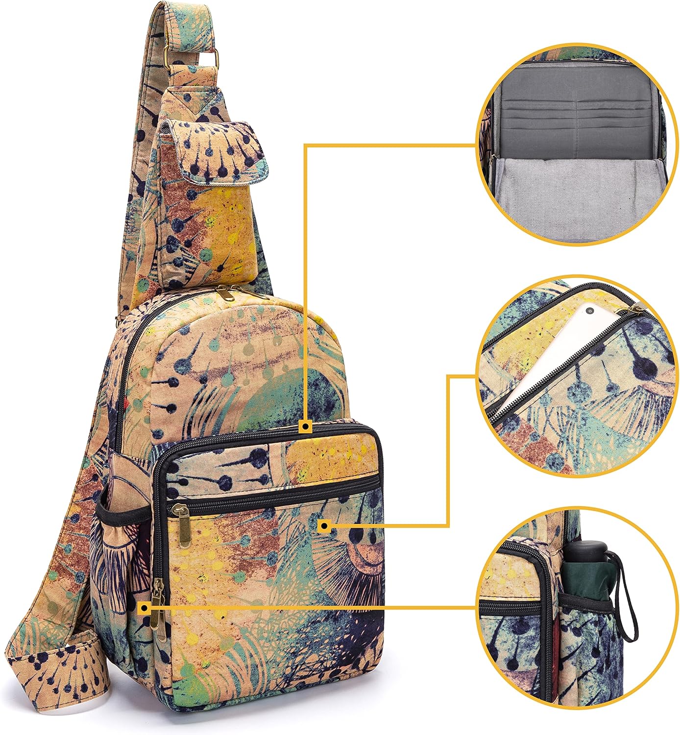 Skiennix Women’s Sling Bag - Large Bohemian Canvas Crossbody Bag in Purple & Yellow