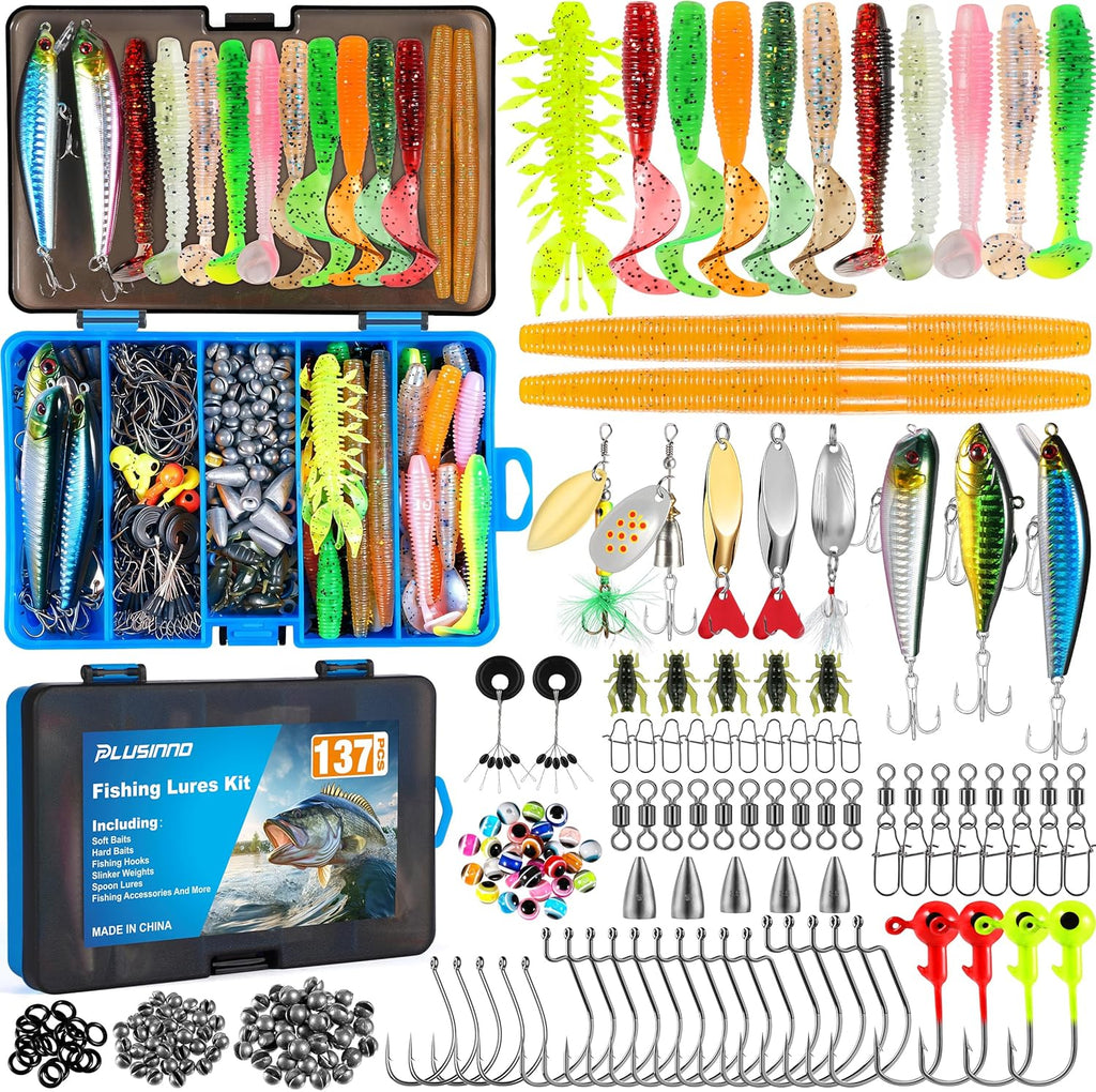 PLUSINNO Fishing Lures Kit - 137Pcs Tackle Box with Crankbaits, Hooks & Weights for Freshwater Bass Fishing