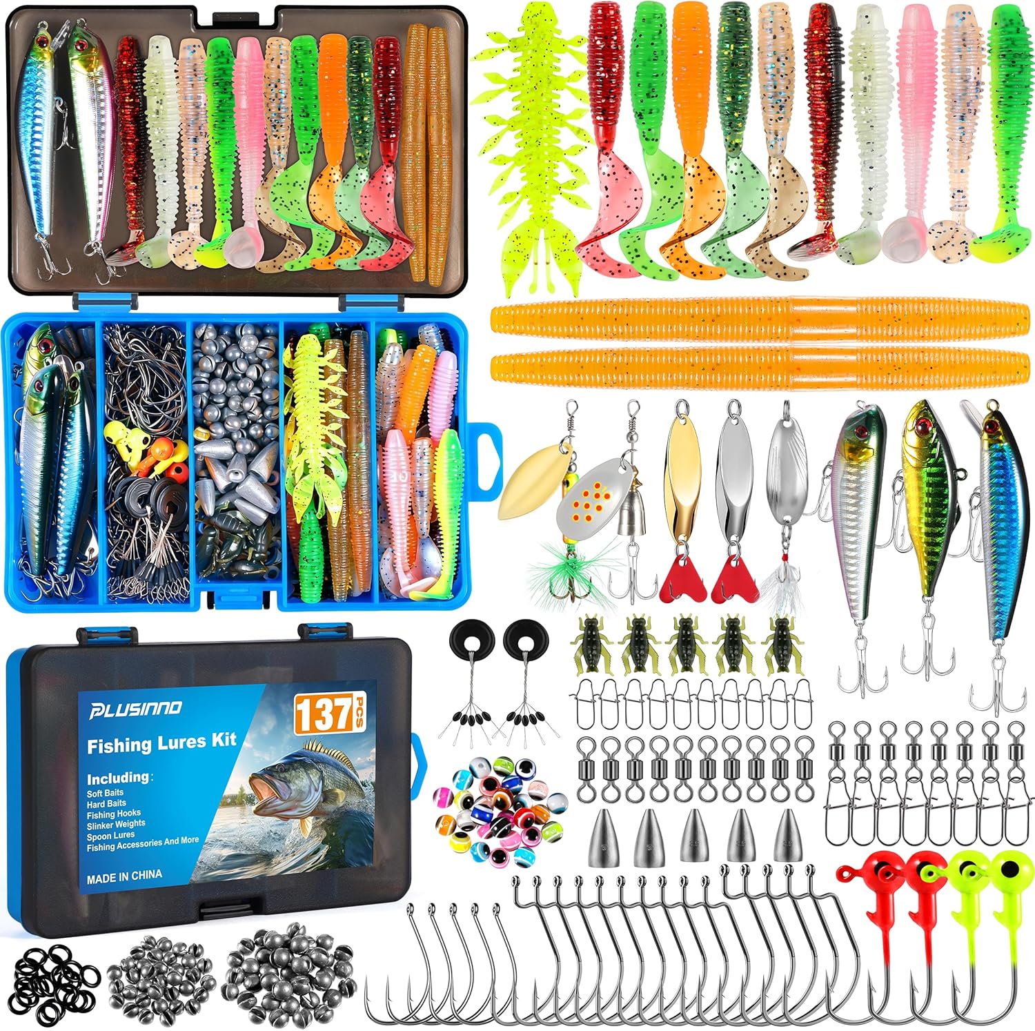 PLUSINNO Fishing Lures Kit - 137Pcs Tackle Box with Crankbaits, Hooks & Weights for Freshwater Bass Fishing