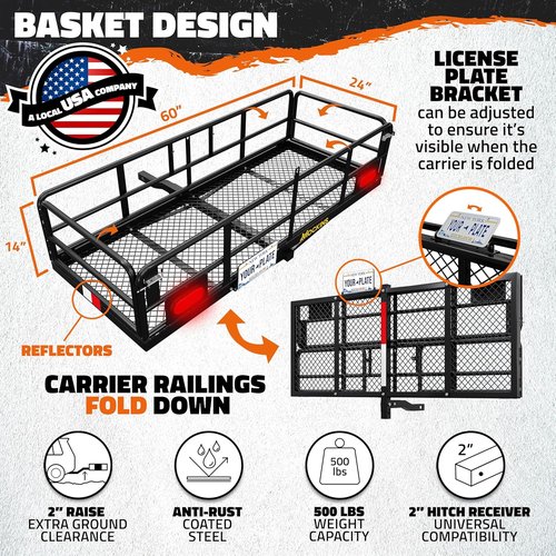 Mockins 60"x24"x14" High Rail Car Trailer Hitch Cargo Carrier w/Rear Lights, Plate Bracket & 30 CuFt Waterproof Hitch Cargo Bag | 500 Lbs. Cap Weatherproof Folding Luggage Rack for SUV Car Truck & RV