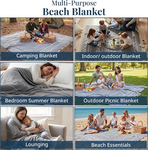 LANE LINEN Beach Blanket - Extra-Large Sand-Free Picnic Mat, Quick-Dry Design (82"x82") - Ideal for Family Picnics & Poolside Relaxation, Machine Washable - Smoky Black