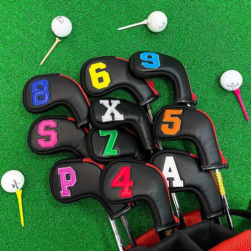 WOSOFE Zippered Golf Iron Head Covers, 10-Piece Set | Premium Waterproof PU Leather with Vibrant Number Embroidery | Universal Fit for All Major Brands | Noise-Dampening Protective Iron Sleeves, Black