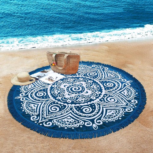 COTTON CRAFT Round Beach Towel Blanket - Plush 100% Cotton 5-Foot Boho Mandala Design - Blue with Fringe