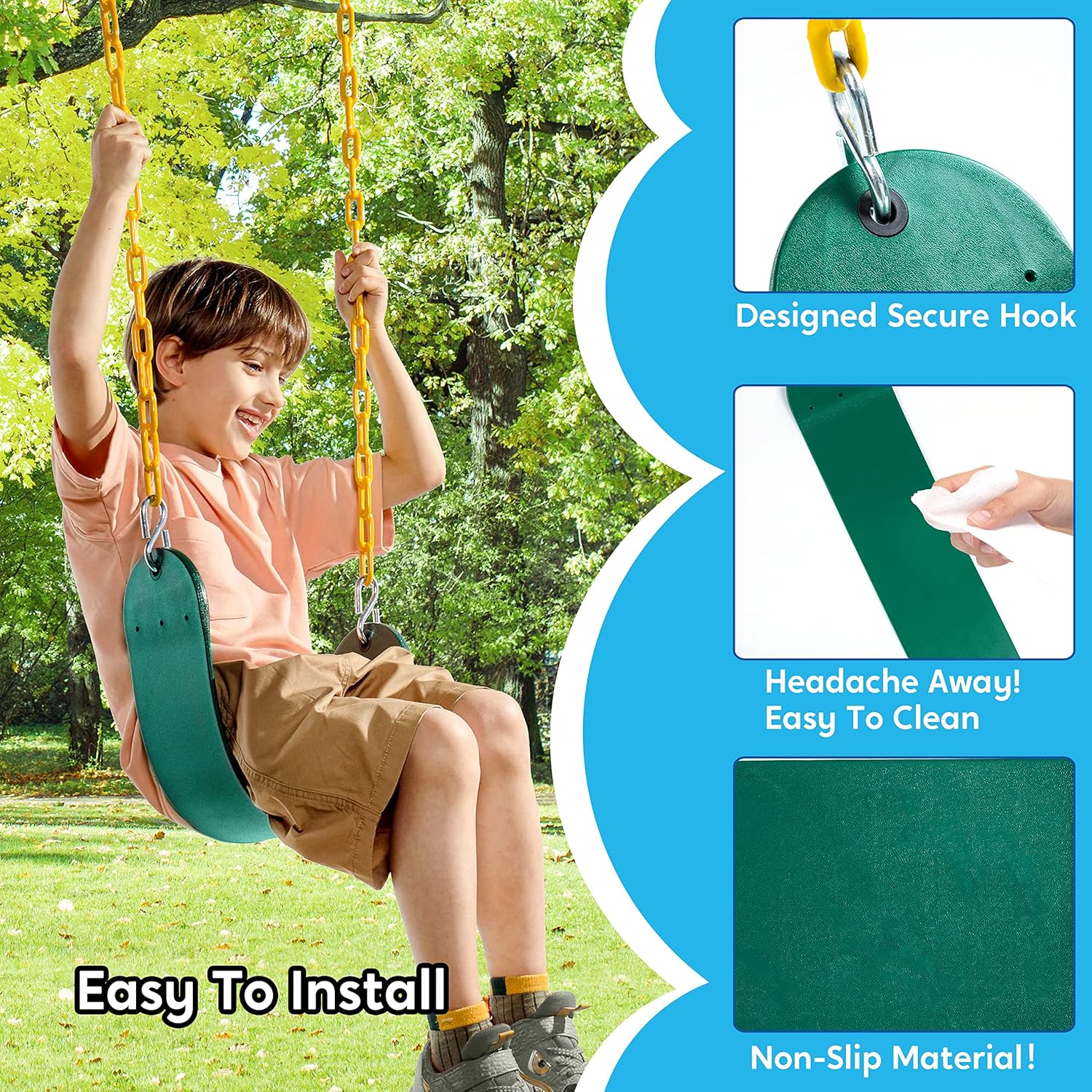 TURFEE Heavy Duty Swing Seat - Green Replacement with 66” Chain & Snap Hooks for Kids Outdoor Play