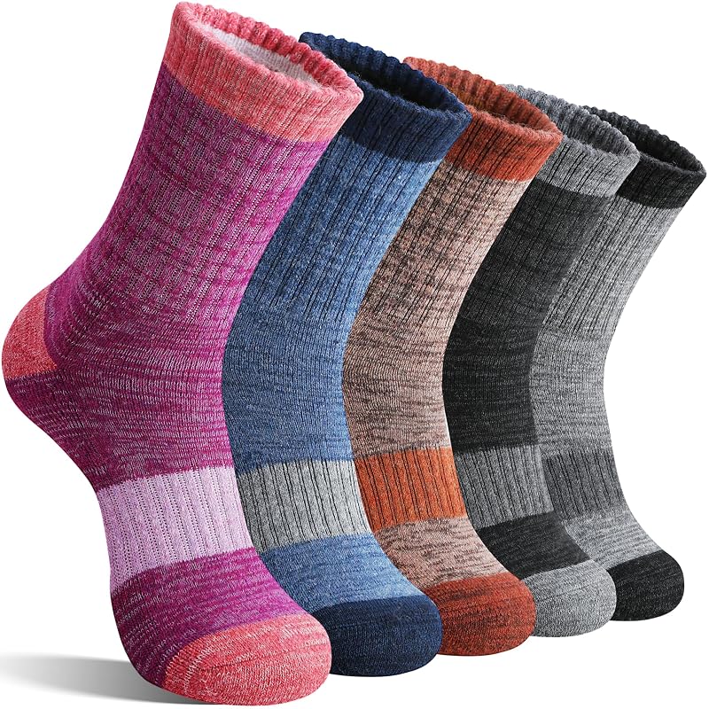 Merino Wool Hiking Socks for Women - Thermal, Cushioned, Moisture-Wicking, 5 Pairs (Black/Gray/Blue/Rose Red/Dark Caramel) Medium