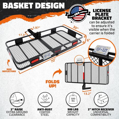 Mockins XXL Folding Trailer Hitch Cargo Carrier - 70"x30"x6" with Waterproof Cargo Bag & Rear Lights | 500 Lbs Capacity for SUVs & Trucks