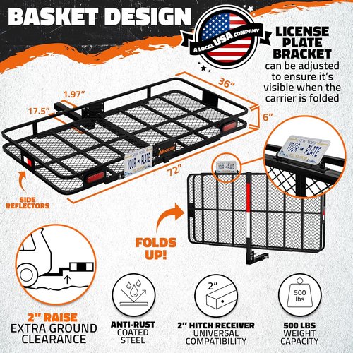 Mockins XXL Folding Trailer Hitch Cargo Carrier - All-Weather Steel Luggage Rack for SUV & Truck | 500Lbs Capacity