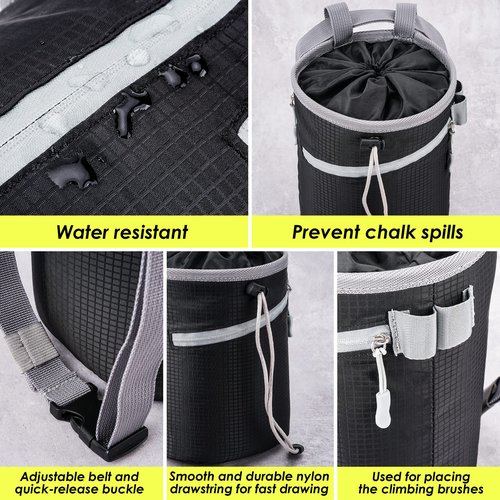 MIUONO Chalk Bag for Rock Climbing, Bouldering Bag Bucket with 2 (65g) Chalk Balls, 2 Waterproof Zipper for Gymnastics, Cross Fit, and Lifting (Large)
