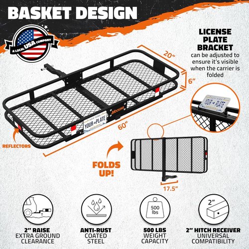 Mockins Folding Luggage Rack - 500 lb Steel Cargo Carrier for SUV & Truck | 60"x20"x6" with Waterproof Bag