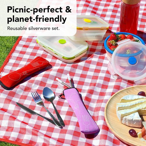 Ecoberi Travel Utensils Set - Reusable Stainless Steel Cutlery with Case | 4 Pack for Camping & Work