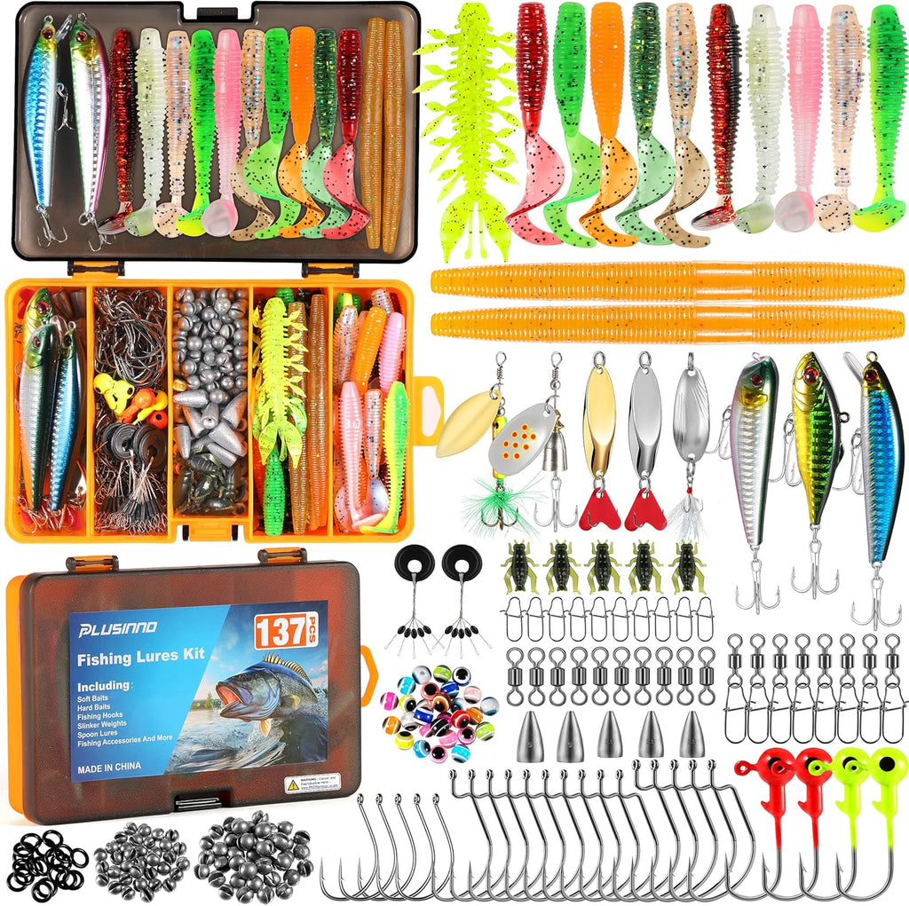 PLUSINNO Fishing Lures Kit - 137Pcs Tackle Box with Crankbaits, Hooks & Weights for Bass Fishing