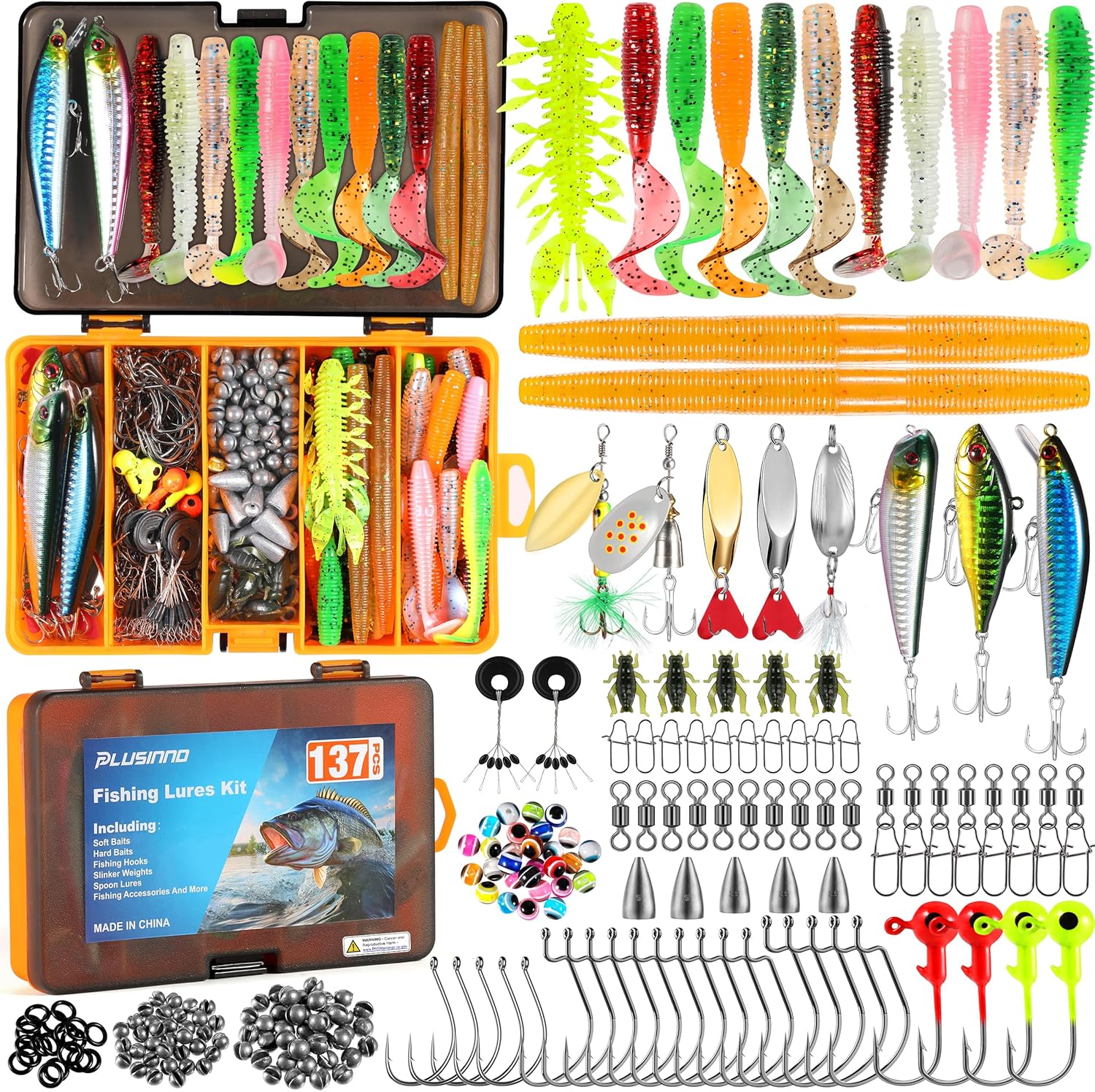 PLUSINNO Fishing Lures Kit - 137Pcs Tackle Box with Crankbaits, Hooks & Weights for Bass Fishing