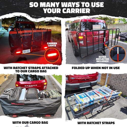 Mockins XXL Folding Trailer Hitch Cargo Carrier - 70"x30"x6" with Waterproof Cargo Bag & Rear Lights | 500 Lbs Capacity for SUVs & Trucks