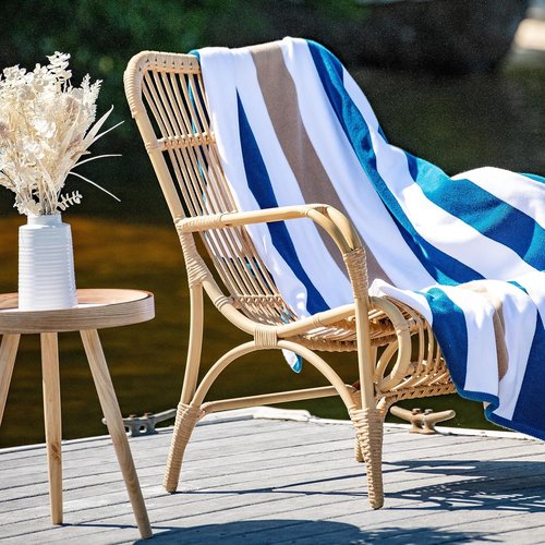Laguna Beach Textile Co. Oversized Striped Cabana Beach Towel - Plush 630 GSM Cotton | Ocean Blue & Almond Beige