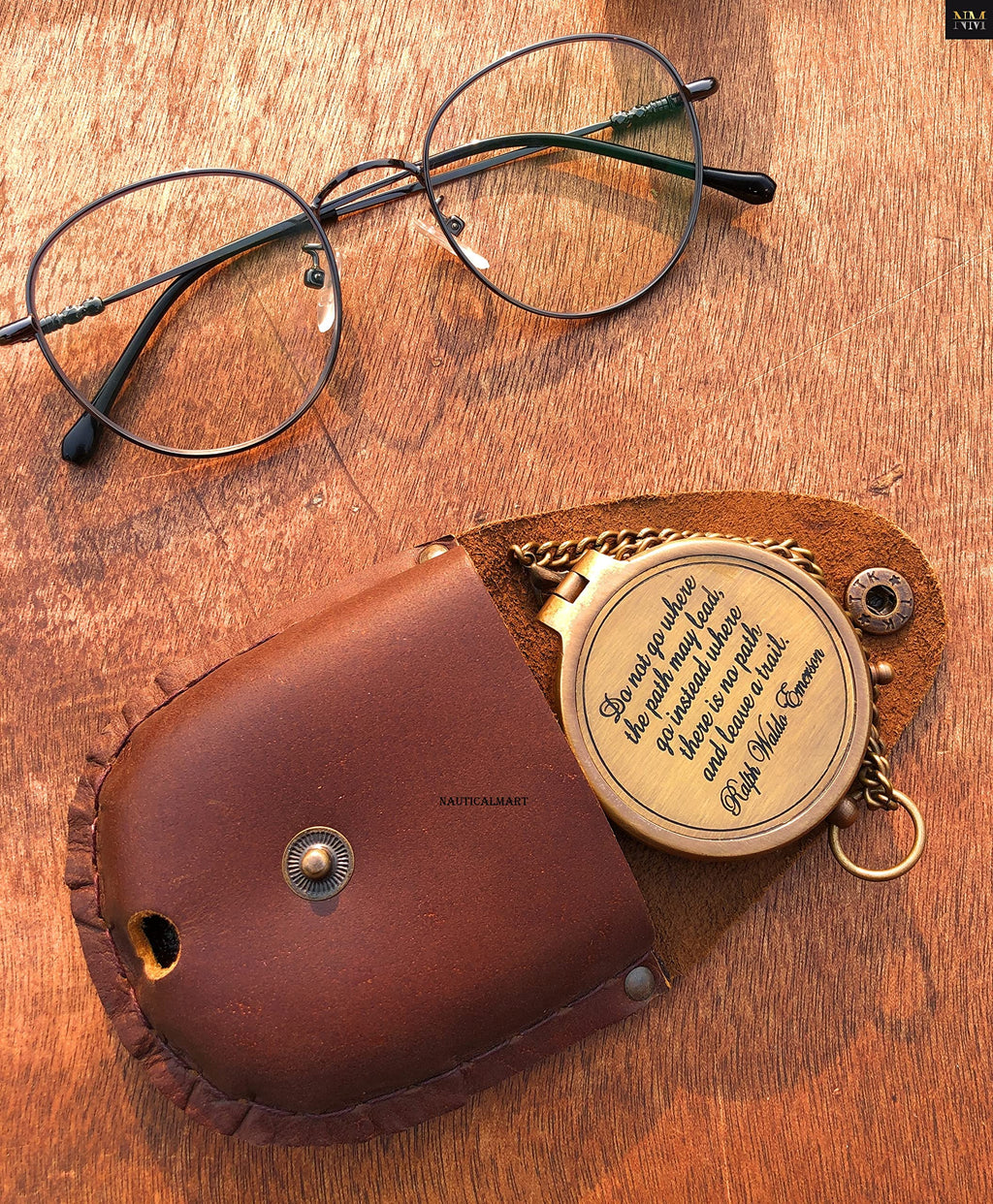 Ralph Waldo Emerson Quote Brass Compass Do not go Poem Compass with Leather Case for Graduation, Baptism, Confirmation - Brass Pocket Compass Gifts